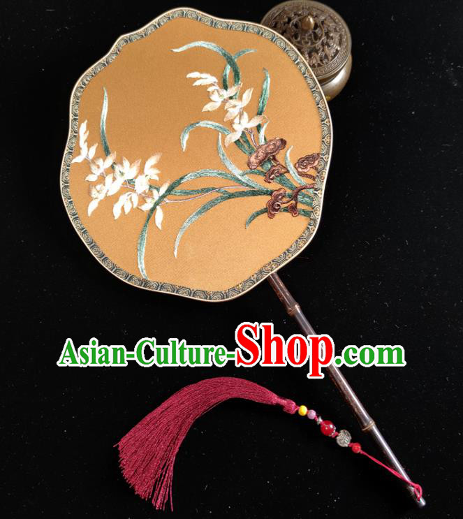 Chinese Traditional Song Dynasty Princess Palace Fan Handmade Embroidered Orchids Silk Fan