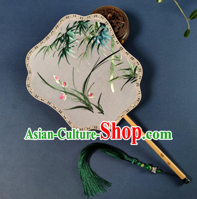 Chinese Classical Dance Silk Fan Traditional Hanfu Fan Handmade Embroidered Orchid Bamboo Palace Fan