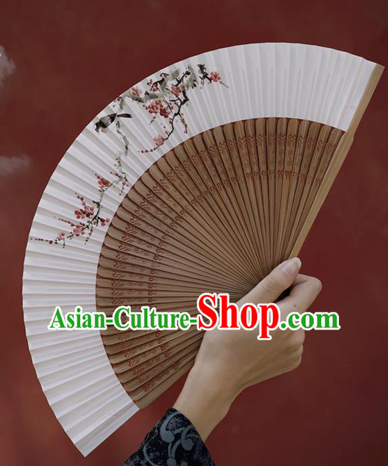 Chinese Hand Painting Plum Bird Folding Fan Traditional Paper Fan Sandalwood Accordion
