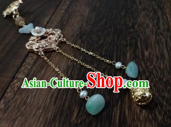 Chinese Traditional Hanfu Golden Lotus Brooch Accessories Classical Jade Tassel Pendant
