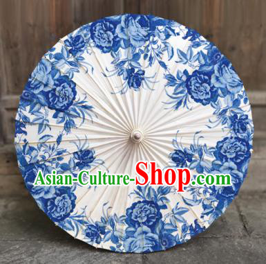 China Handmade Umbrellas Traditional Printing Blue Peony Oil Paper Umbrella Classical Dance Umbrella