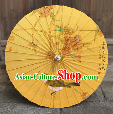 China Traditional Yellow Oil Paper Umbrella Handmade Classical Painting Flowers Bird Umbrellas