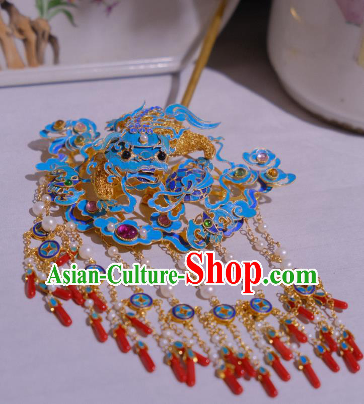 Chinese Traditional Blueing Lion Hair Jewelry Ancient Ming Dynasty Empress Tassel Hairpin Agate Accessories