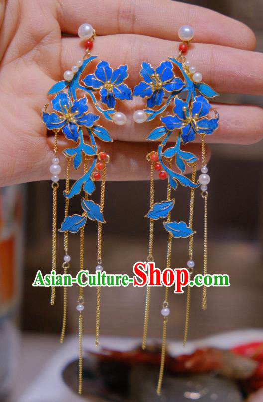Chinese Traditional Blueing Flowers Earrings Culture Jewelry Cheongsam Golden Tassel Ear Accessories