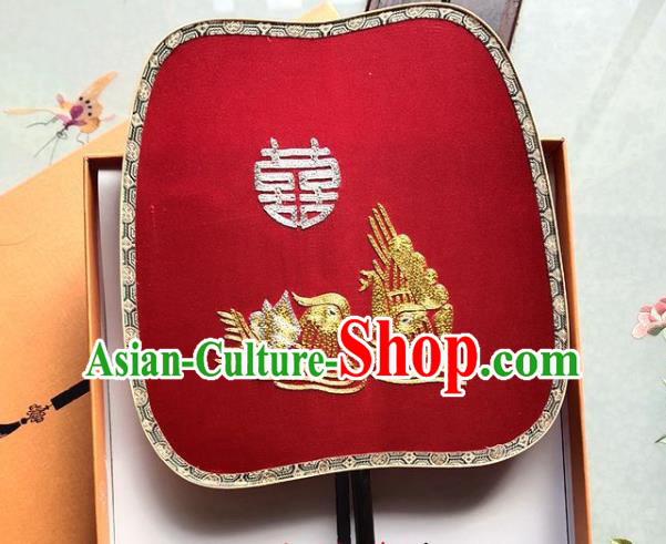 Chinese Traditional Embroidered Mandarin Duck Palace Fan Classical Red Silk Fan Wedding Fan