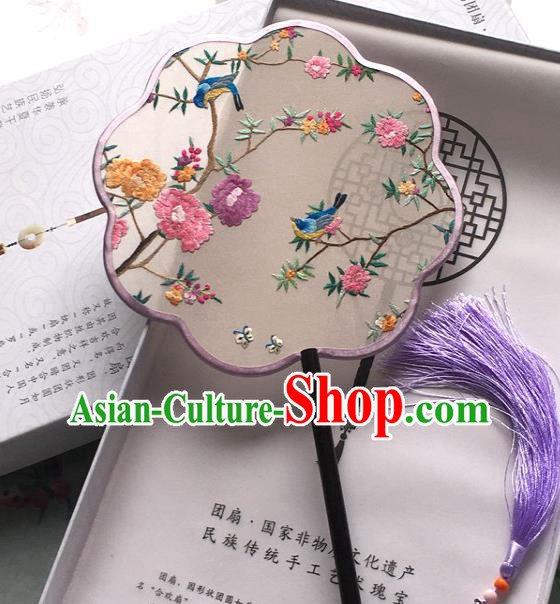 Chinese Classical Dance Silk Fan Handmade Hanfu Fan Traditional Embroidered Flowers Bird Palace Fan