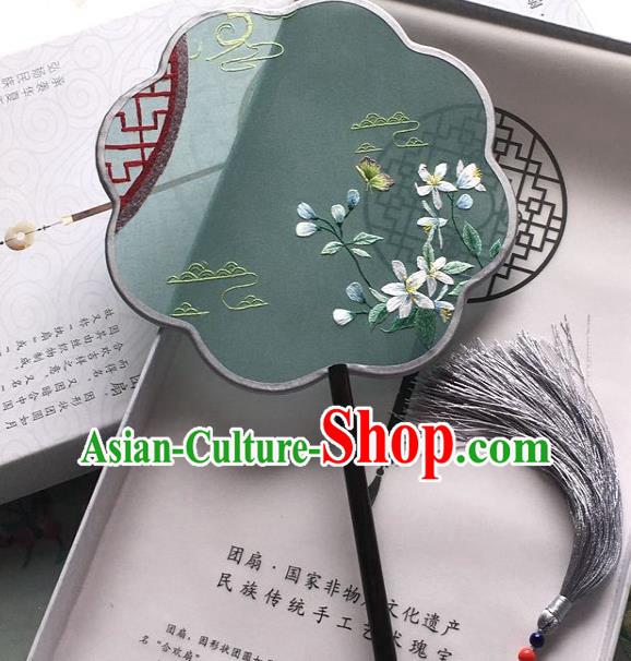 Chinese Traditional Suzhou Embroidered Flowers Palace Fan Classical Green Silk Fan Handmade Hanfu Fan