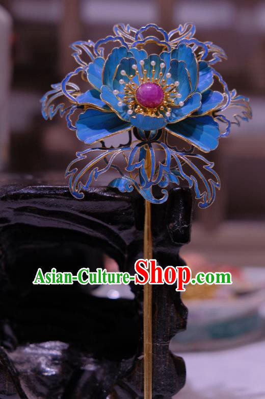 Chinese Traditional Hair Jewelry Ancient Empress Ruby Hair Stick Qing Dynasty Empress Blueing Peony Hairpin