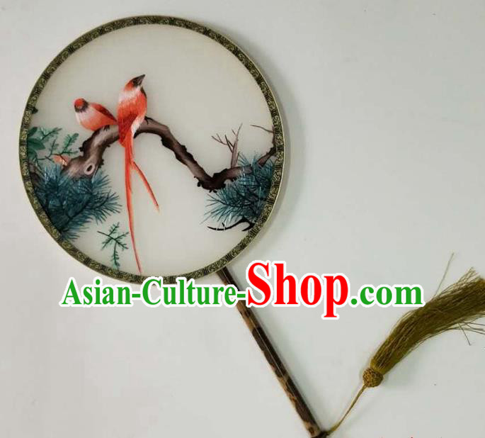 Chinese Traditional Hanfu Circular Fan Cultural Dance Palace Fan Handmade Embroidered Pine Birds Silk Fan