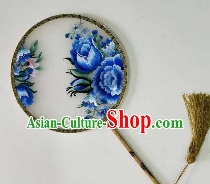 Chinese Handmade Embroidered Blue Peony Silk Palace Fan Traditional Hanfu Circular Fan