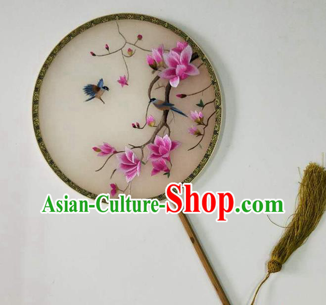 Chinese Handmade Silk Fan Traditional Circular Fan Suzhou Embroidered Mangnolia Palace Fan