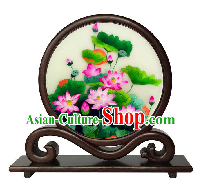 Chinese Handmade Suzhou Embroidery Lotus Desk Screen Double Side Embroidered Table Ornament