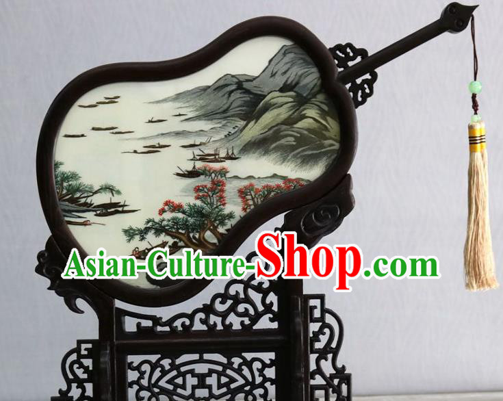 Chinese Handmade Rosewood Gourd Desk Ornaments Traditional Embroidered Landscape Painting Table Screen