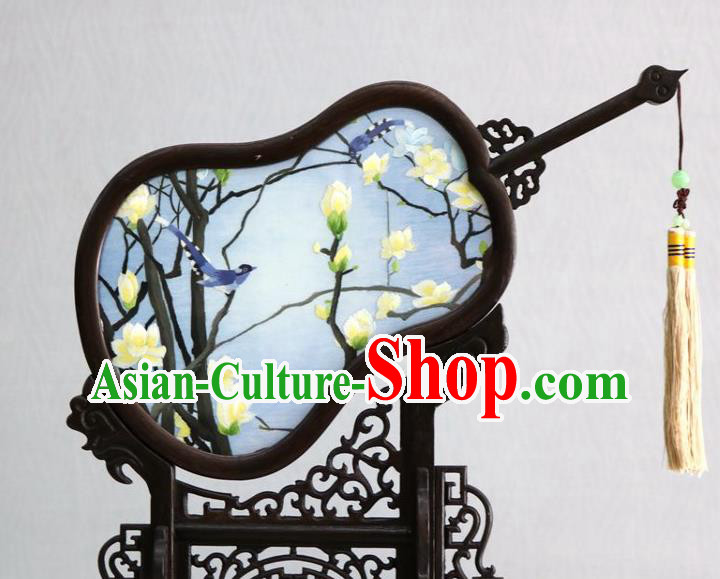 Chinese Handmade Rosewood Desk Screen Traditional Embroidered Mangnolia Craft