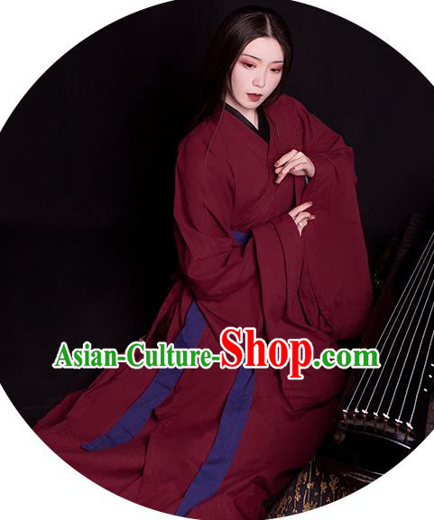 China Traditional Jin Dynasty Palace Lady Historical Clothing Ancient Young Beauty Wine Red Hanfu Robe