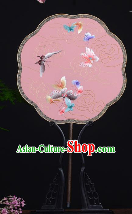 Chinese Handmade Pink Silk Fan Traditional Dance Palace Fan Embroidered Butterfly Fan