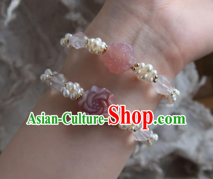 Handmade Chinese Pearls Bangle Carving Peony Wristlet Accessories Traditional Hanfu Bracelet