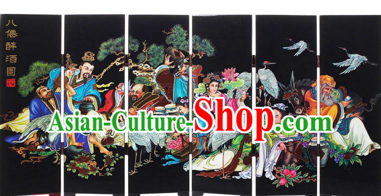Chinese Handmade Lacquerware Black Table Screen Traditional Eight Immortals Drunkened Painting Folding Screen