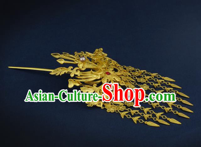 China Traditional Ancient Queen Golden Phoenix Tassel Hair Stick Handmade Ming Dynasty Empress Hairpin