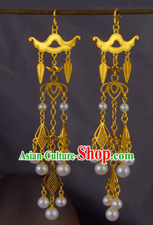 Chinese Traditional Tang Dynasty Pearls Tassel Earrings Ancient Court Woman Golden Ear Accessories