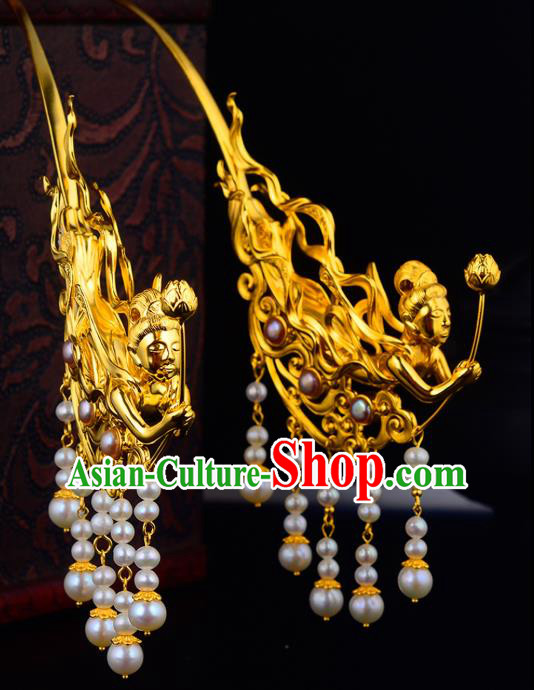 China Ancient Court Woman Pearls Tassel Hairpin Handmade Traditional Tang Dynasty Empress Golden Goddess Hair Stick