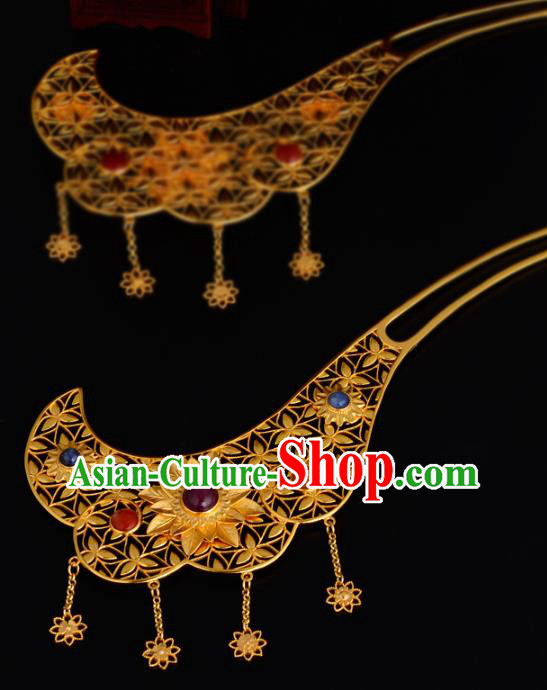 China Ancient Court Beauty Golden Hairpin Handmade Traditional Jin Dynasty Empress Hair Stick Headwear