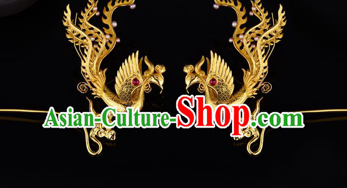 China Ancient Court Woman Hairpin Handmade Traditional Ming Dynasty Empress Golden Phoenix Hair Stick