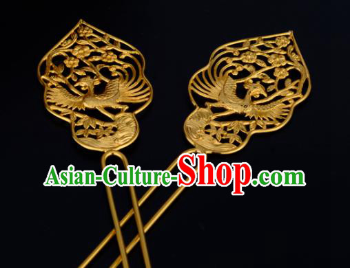 China Ancient Queen Hairpin Handmade Traditional Tang Dynasty Palace Lady Golden Phoenix Hair Stick