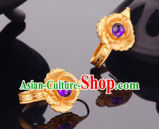 Chinese Traditional Ming Dynasty Golden Peony Earrings Ancient Empress Amethyst Ear Accessories