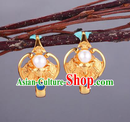 Chinese Traditional Ming Dynasty Queen Golden Bat Earrings Ancient Empress Pearl Ear Accessories