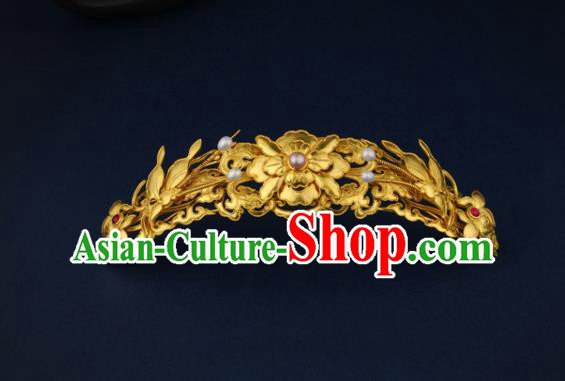 China Ancient Empress Golden Butterfly Peony Hairpin Handmade Traditional Ming Dynasty Pearls Hair Crown