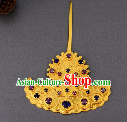 China Ancient Noble Mistress Golden Hairpin Handmade Traditional Ming Dynasty Empress Gems Hair Stick