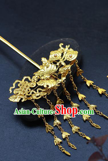 China Ancient Court Lady Hairpin Handmade Traditional Ming Dynasty Empress Golden Butterfly Tassel Hair Stick