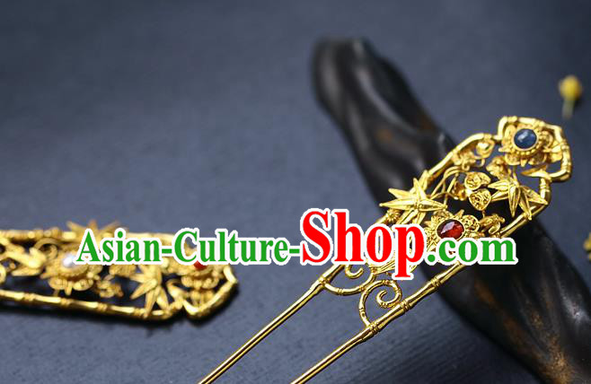 China Handmade Ancient Palace Lady Hairpin Traditional Qing Dynasty Golden Bamboo Hair Stick