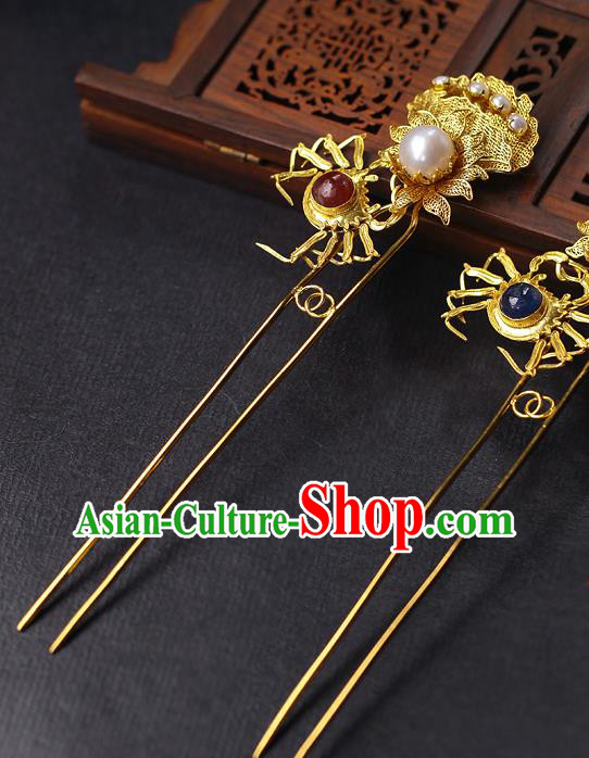 China Ancient Empress Gems Hairpin Traditional Ming Dynasty Golden Crab Hair Stick