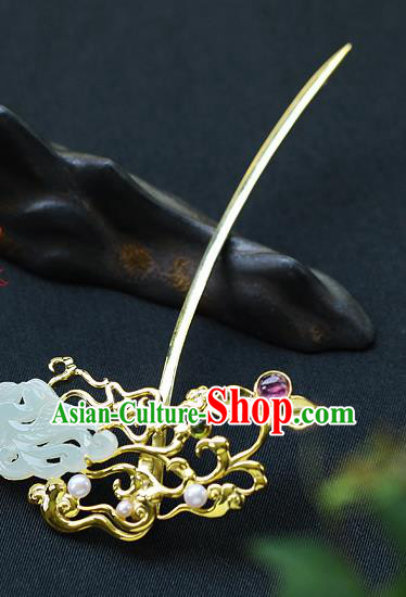 China Ancient Empress Jade Hair Jewelry Traditional Ming Dynasty Queen Golden Hairpin