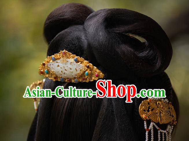 China Ancient Court Gems Hair Jewelry Traditional Ming Dynasty Empress Jade Golden Hairpin