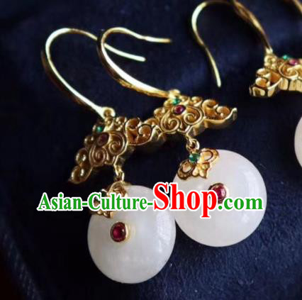 Chinese Handmade Golden Cloud Ear Accessories Traditional Cheongsam Jade Peace Buckle Earrings