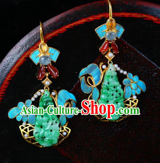 Chinese Handmade Ancient Qing Dynasty Imperial Consort Ear Accessories Traditional Cheongsam Jadeite Earrings