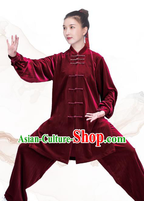 China Tai Ji Training Clothing Tai Chi Costumes Traditional Kung Fu Purplish Red Velvet Uniforms