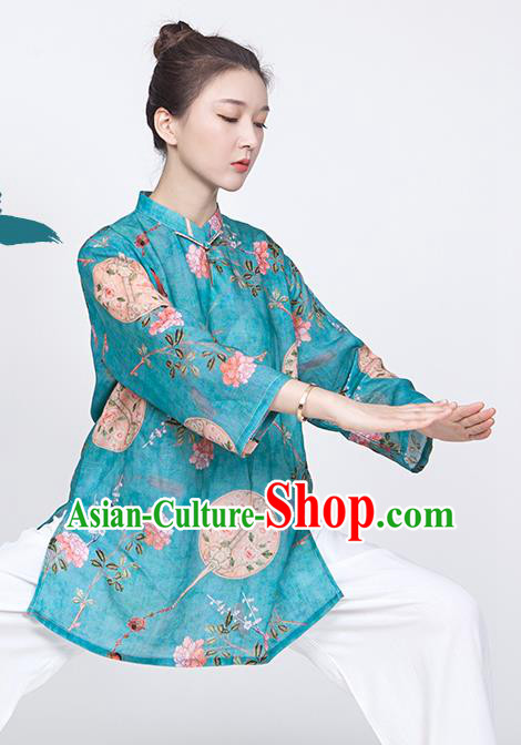 China Traditional Tai Chi Training Costume Printing Flowers Blue Flax Blouse Martial Arts Clothing