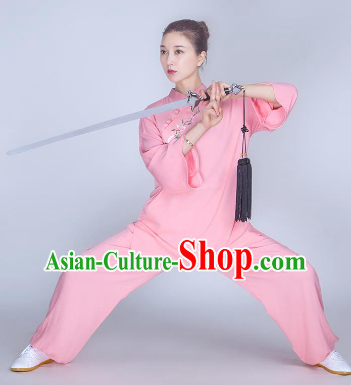 China Martial Arts Embroidered Clothing Traditional Tai Chi Training Costume Kung Fu Pink Flax Uniforms