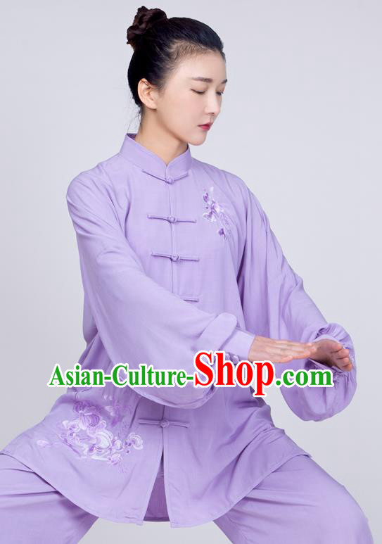 China Traditional Tai Chi Training Costume Kung Fu Lilac Flax Uniforms Martial Arts Embroidered Clothing