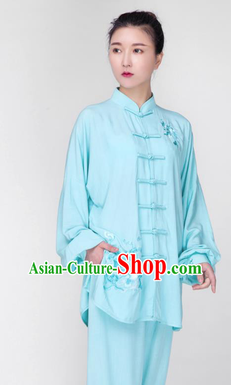China Traditional Tai Chi Training Costume Martial Arts Embroidered Clothing Kung Fu Light Blue Flax Uniforms