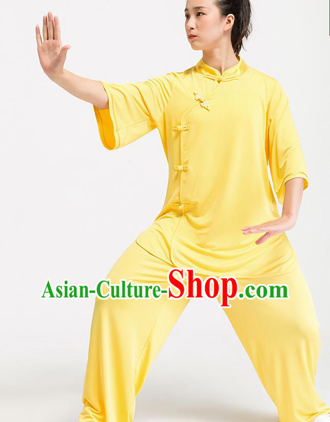 China Traditional Martial Arts Clothing Kung Fu Yellow Uniforms Summer Tai Chi Training Costume
