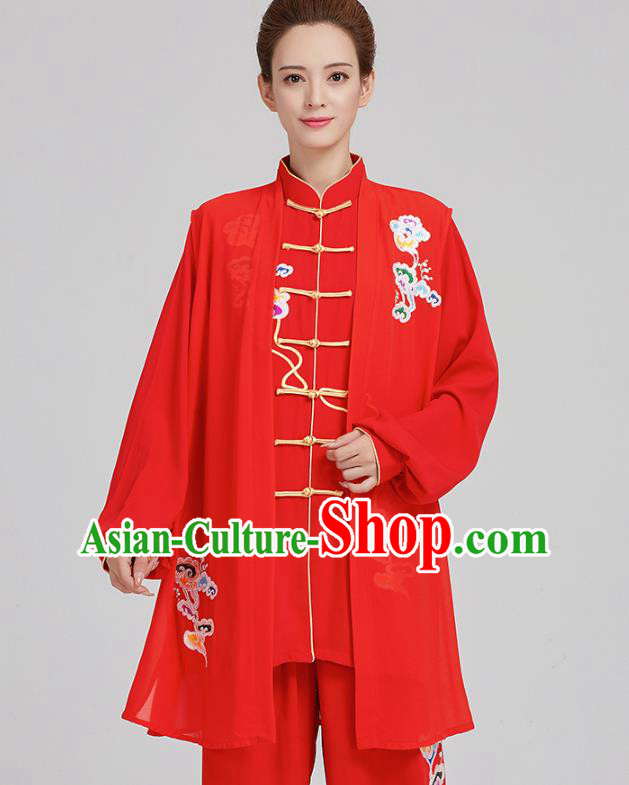 China Traditional Kung Fu Competition Costumes Tai Chi Training Embroidered Clouds Red Uniforms