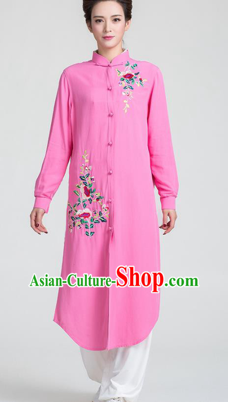China Tai Chi Training Clothing Traditional Kung Fu Embroidered Rosy Long Gown
