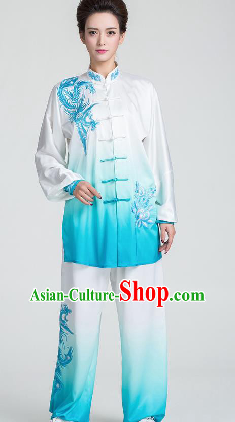 China Kung Fu Embroidered Phoenix Peony Blue Uniforms Traditional Tai Chi Competition Clothing