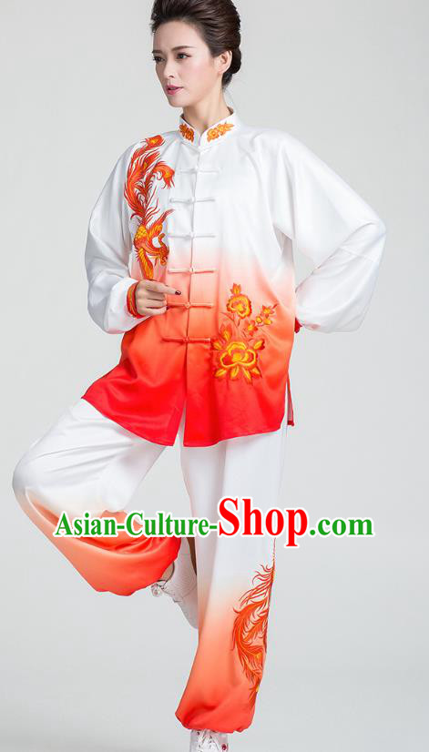 China Traditional Kung Fu Embroidered Phoenix Peony Red Uniforms Tai Chi Stage Performance Clothing