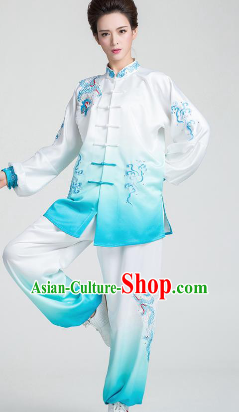 China Tai Chi Stage Performance Clothing Traditional Kung Fu Embroidered Cloud Dragon Blue Uniforms